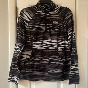 Fila long sleeved workout top with zip at neck, black, grey & white, size large